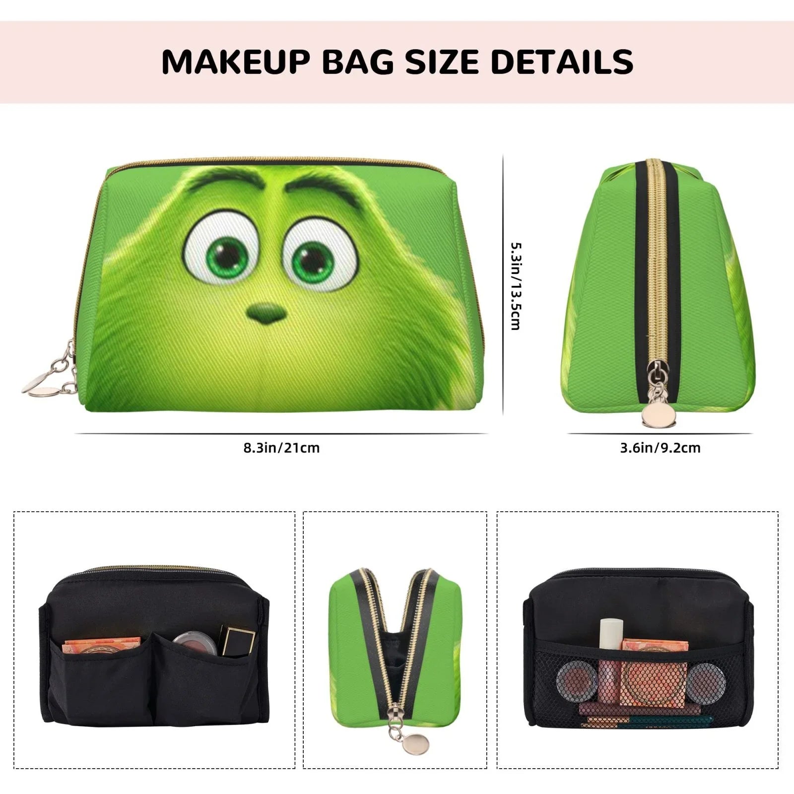 Green Grinch Cosmetic Bag Makeup Organizer Leather Portable Pouch Gift Travel Toiletry Bag Storage Purse