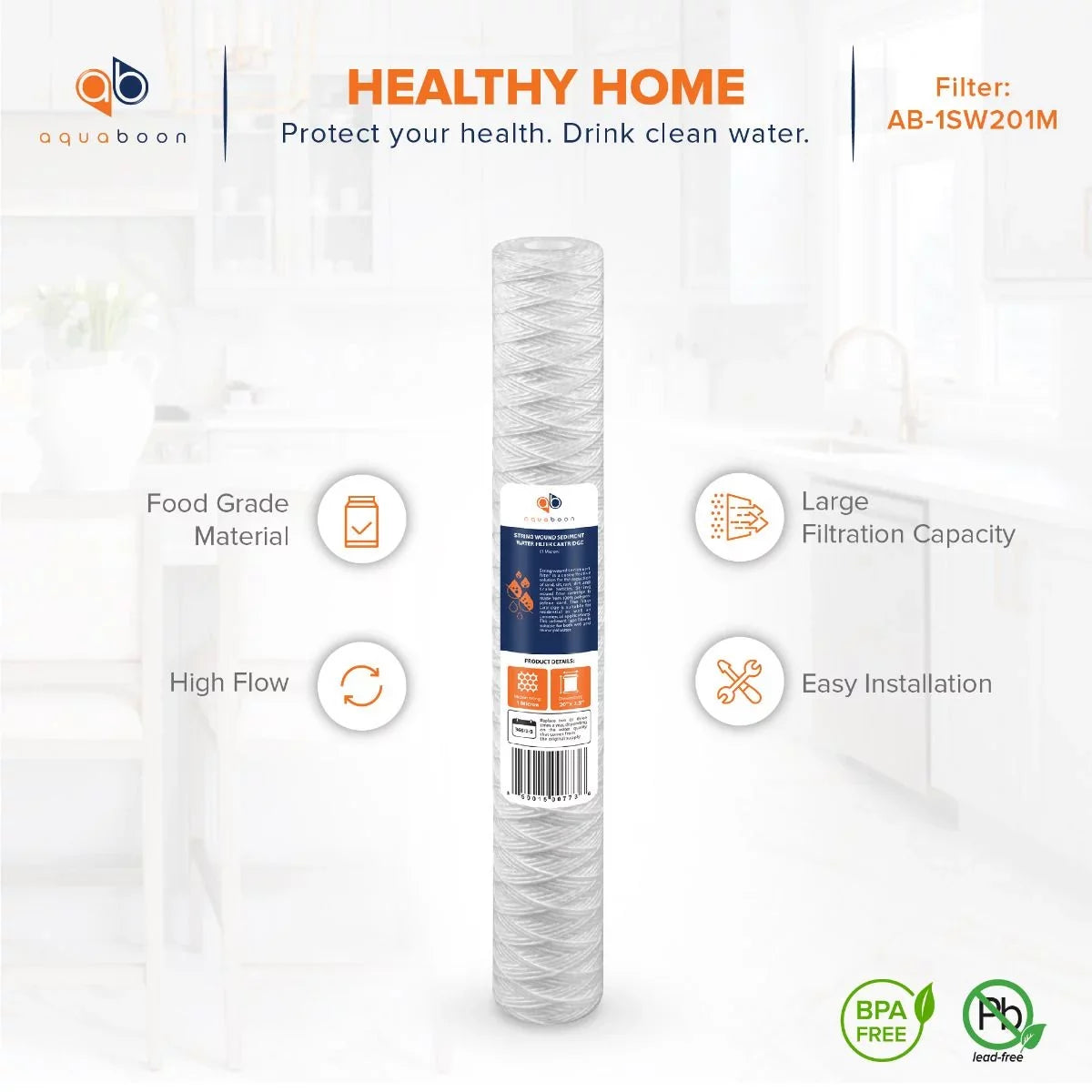 Aquaboon 1 Micron 20" x 2.5" String Wound Sediment Water Filter Cartridge | Universal Replacement for Any 20 inch  Unit | Compatible with 101-230, -5-20, -2C, -20, -, 4-Pack