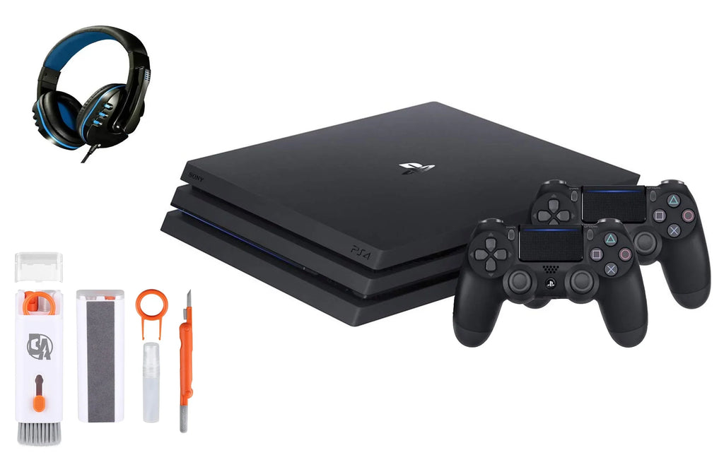 Pre-Owned Sony PlayStation 4 Pro 1TB Gaming Console Black Headset 2 Controller With   Cleaning Kit Bundle (Refurbished: Like New)