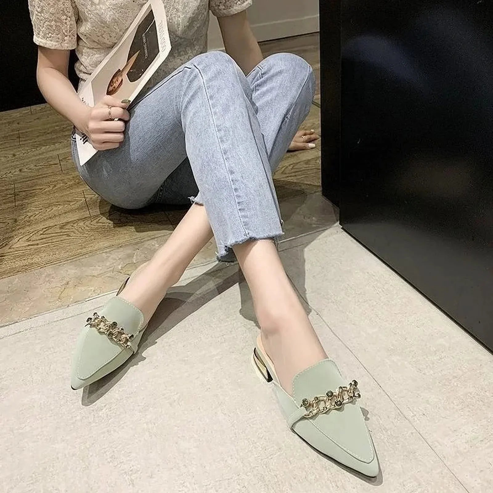 Luxury Slides Square Toe Ladies Shoes Summer Fashion Footwear Square Low Heels Shoe Slides Slippers Women 2023 Chain Mules black 37