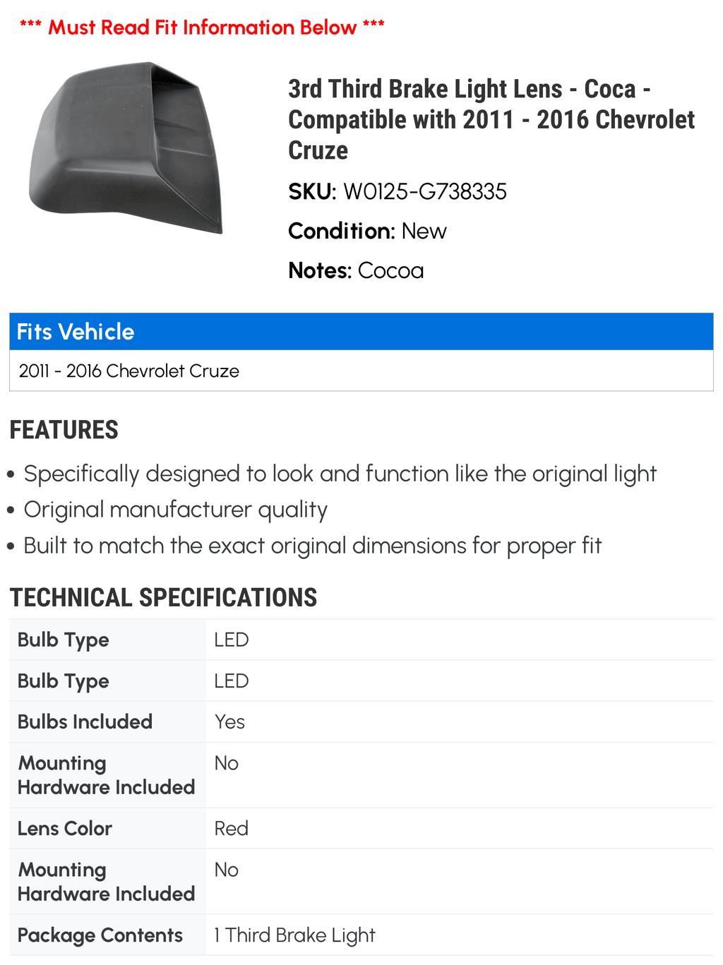 3rd Third Brake Light Lens - Coca - Compatible with 2011 - 2016 Chevy Cruze 2012 2013 2014 2015