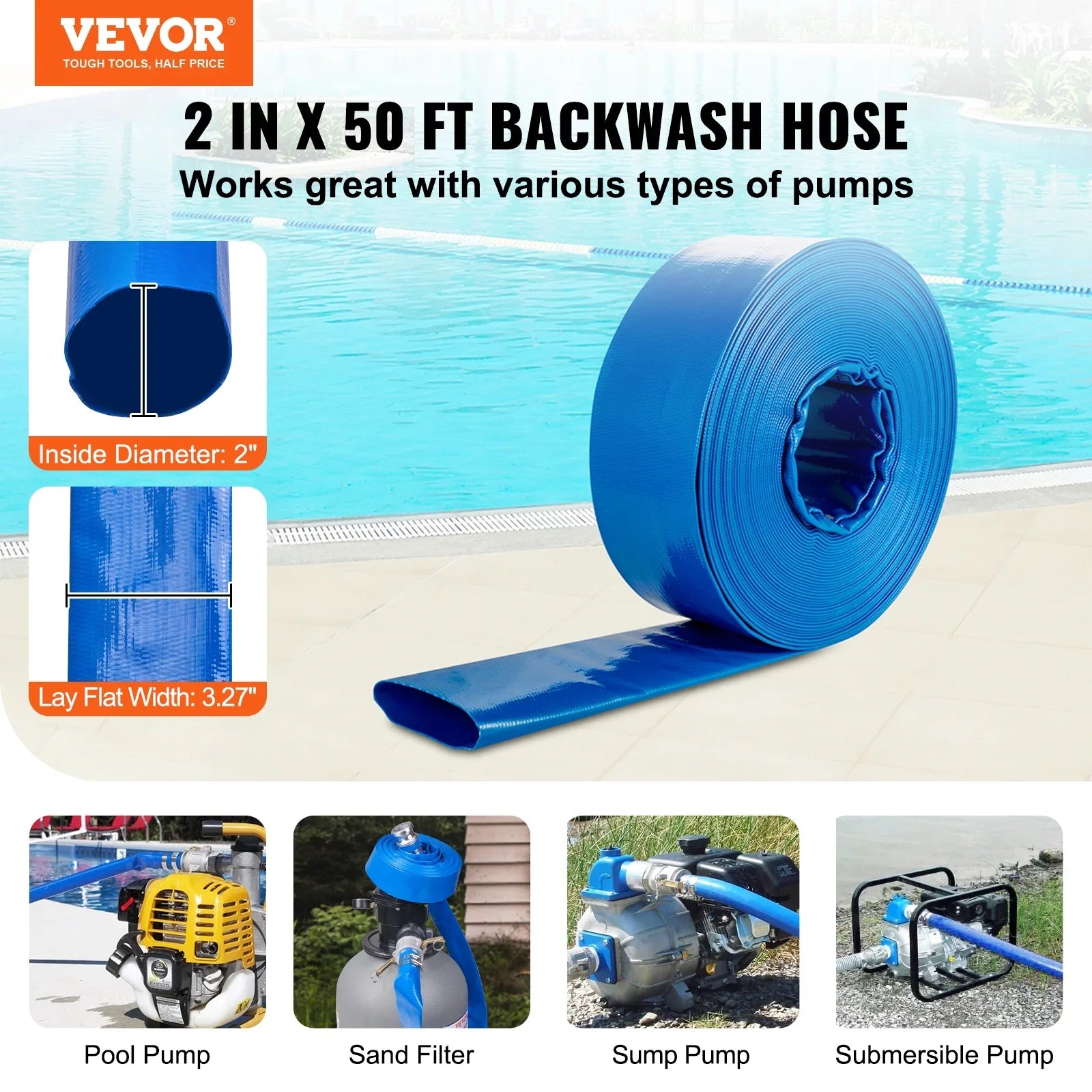 Swimming Pool Filter Backwash Hose 2'' x 50' with Aluminum joints, Great for Water Disposal,  Discharge Hose with Camlock  &  Fittings