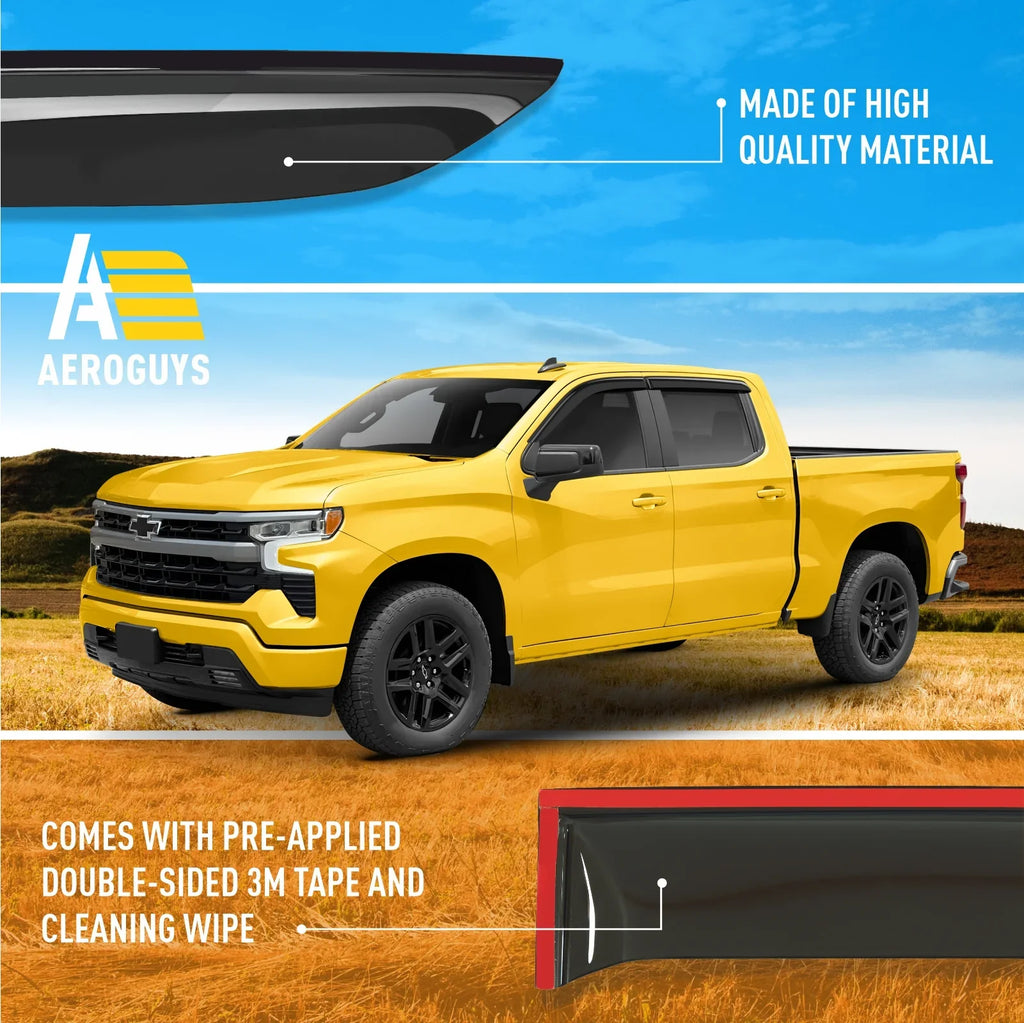 Tape-On Window Deflectors Extra Durable Window Visors Rain Guards Fit for Chevrolet (Chevy) Silverado 1500 2019-2024 Crew Cab, Sun Visors, Wind Vent Visors, Truck Accessories - 4pcs.