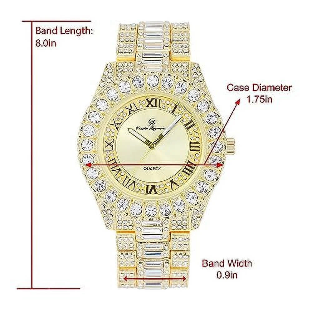 Big Rocks Fully Iced Out Diamond Mens Watch w/Easy Read Date & Day - Designer Hip Hop Blinged Out Timepiece -  (- Gold -)