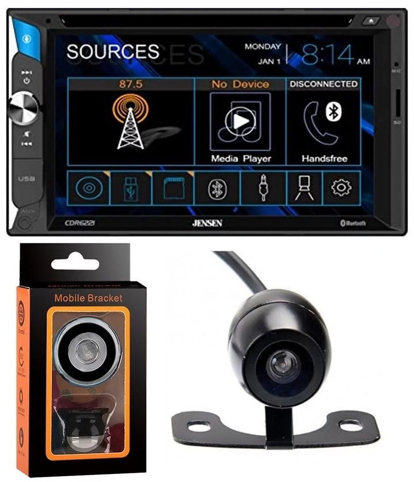Jensen  6.2" Touchscreen  Multimedia Car Receiver with Bluetooth, Front  Input + Absolute  License Plate Rare Camera + Magnet Phone Holder