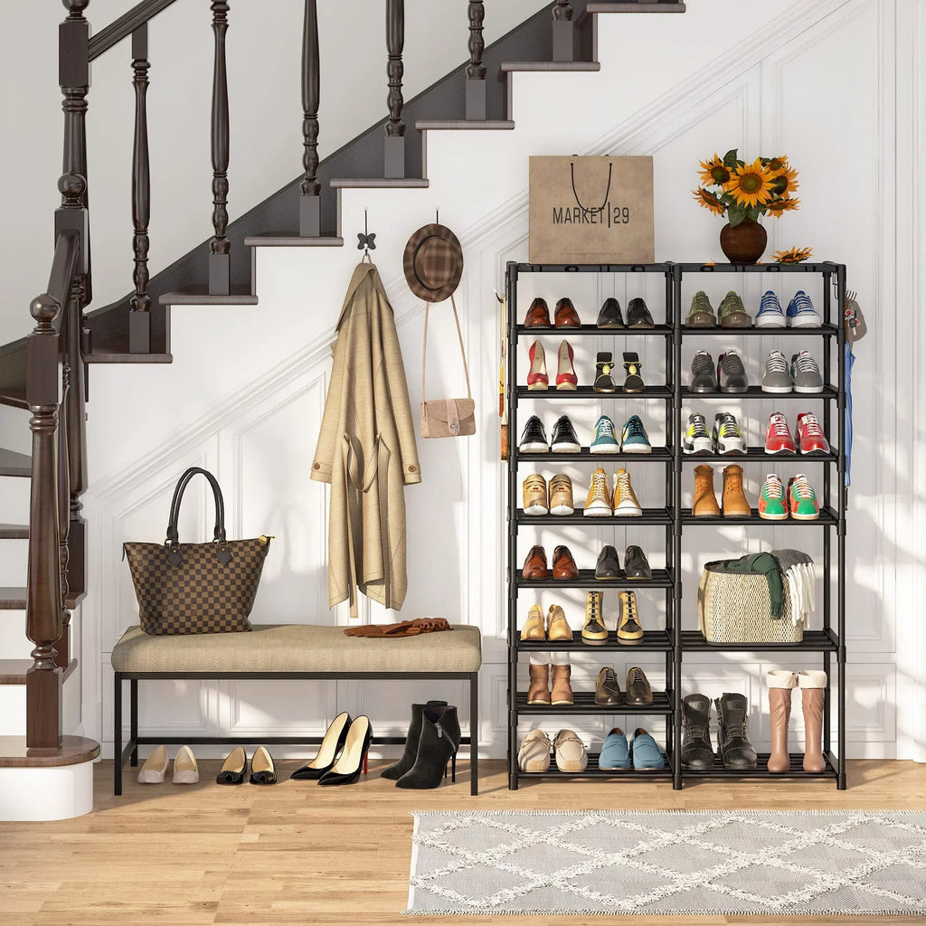 Fiuion Shoe Rack Organizer  9 Tiers Shoe Storage Shelf 32-40 Pairs Shoe Stand for Closet Boot Organizer with 2 Hooks Removable Dustproof Large Stackable Shoe Tower for Shoe Boot Storage, Black