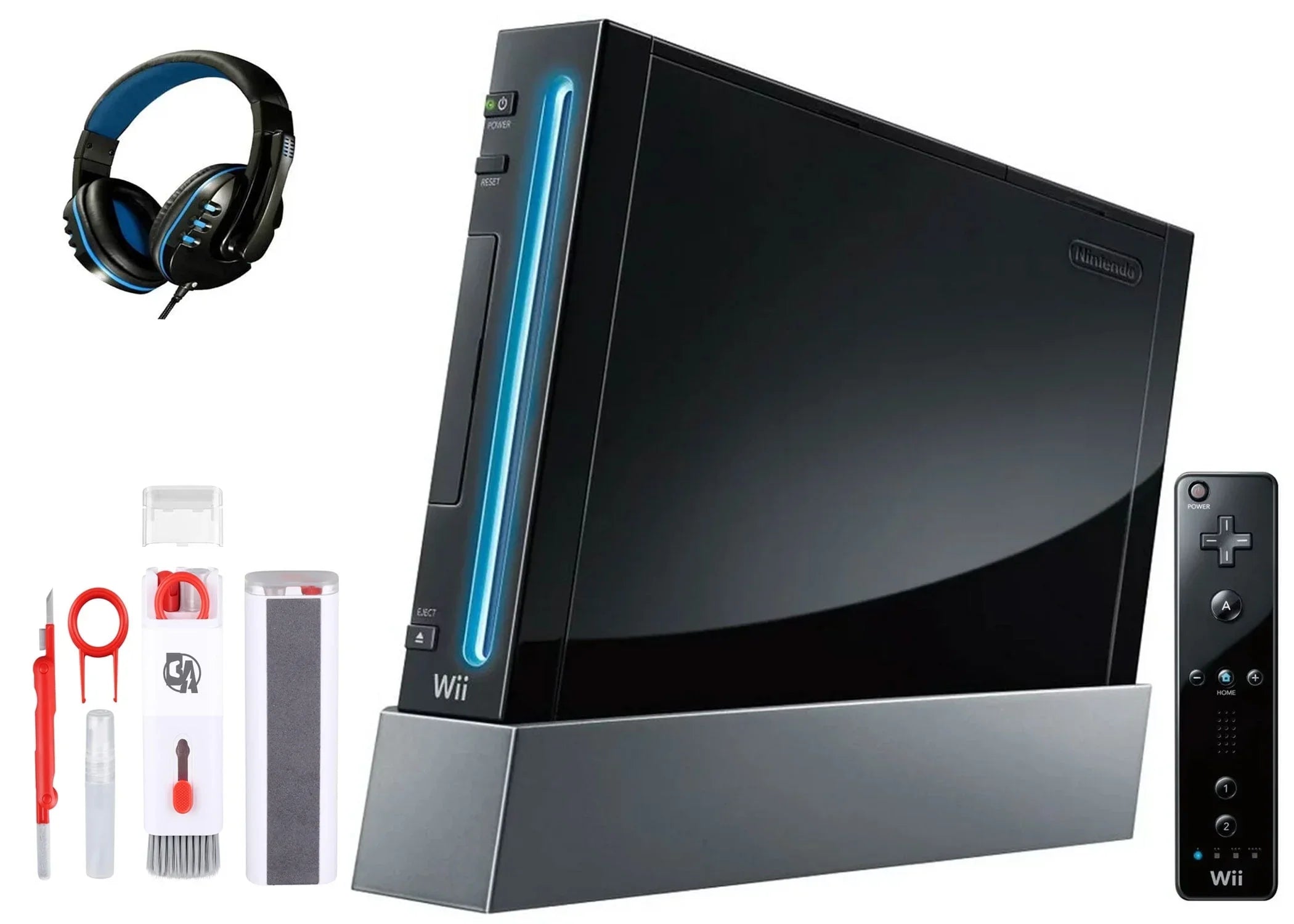 Pre-Owned Nintendo Wii Black Gaming Console + Headset Cleaning Kit   Bundle (Refurbished: Like New)