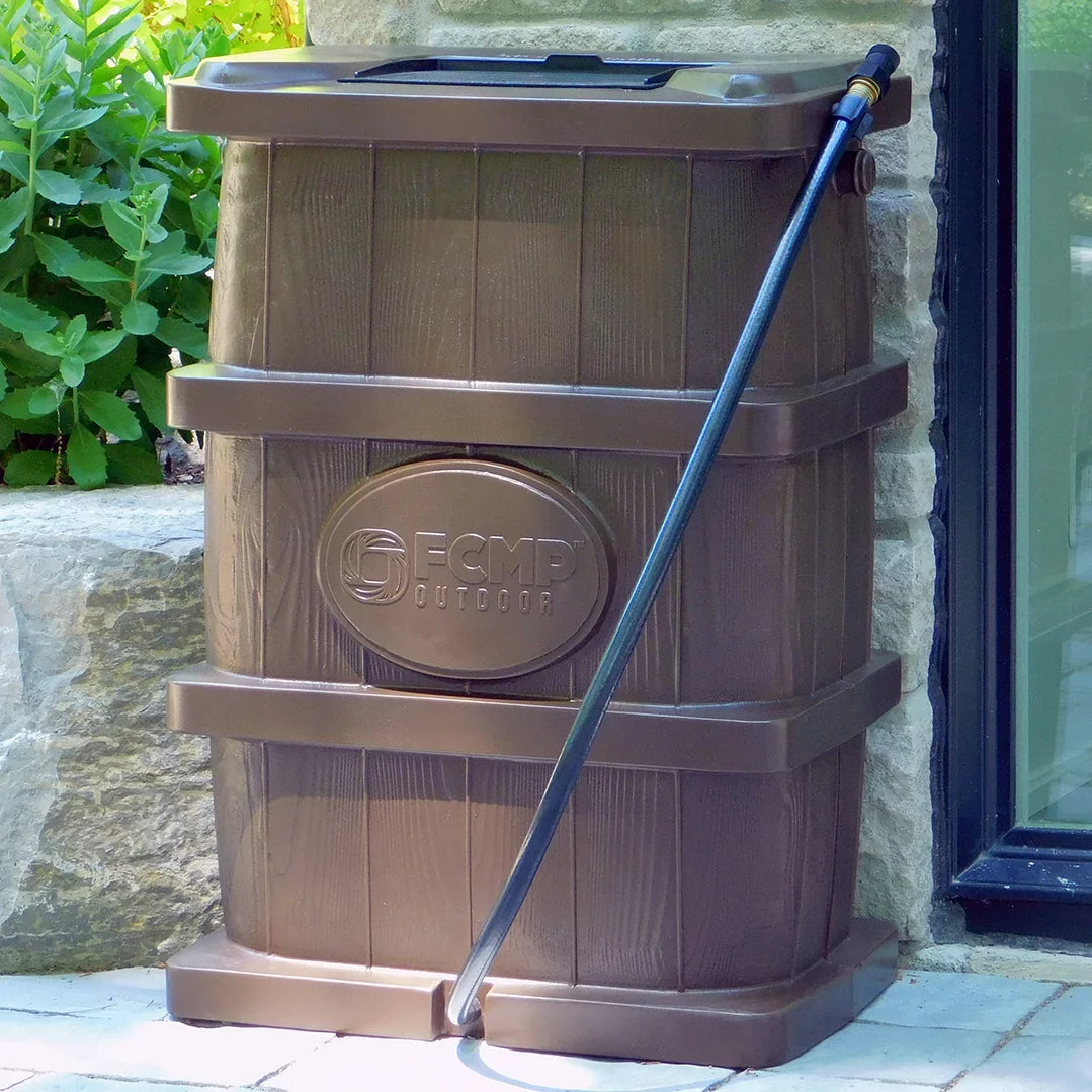 Outdoor 45 Gal Wood Grain Rain Water Catcher Barrel, Brown (2 Pack)