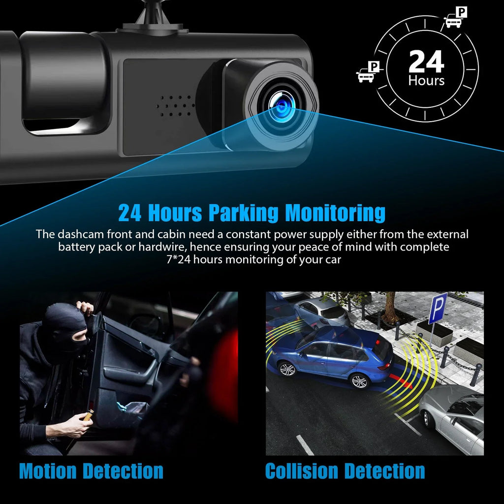 3 Channel Dash Cam Front and Rear Inside /32GB  Card, Full  1080P Dash Camera for Cars, Dashcam Three Way Triple Car Camera / Night Vision, Loop Recording, -Sensor, Parking Monitor