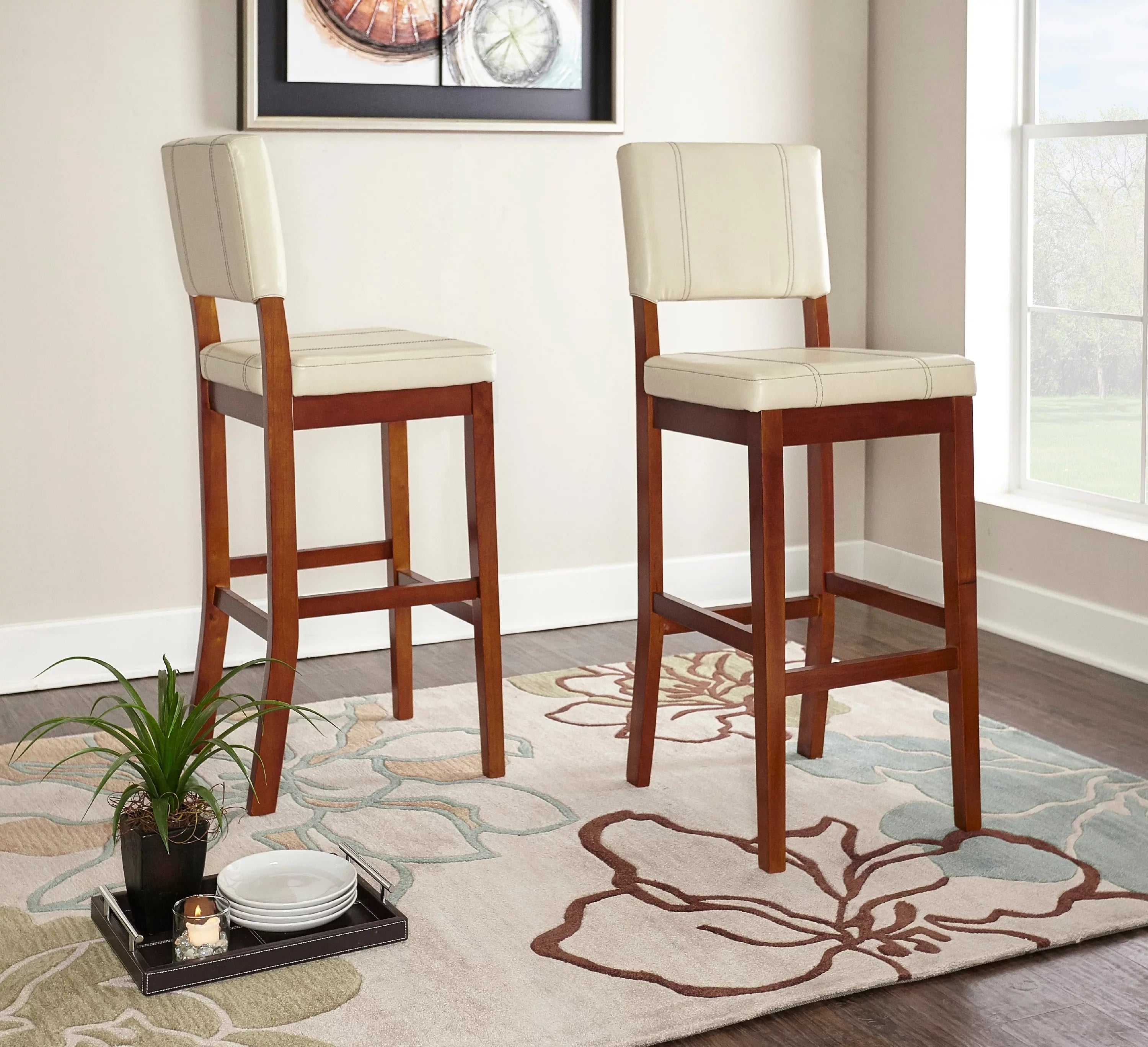 Linon Mulberry Padded Bar Stool, 30" Seat Height, Medium Dark Walnut Finish with Cream  Fabric