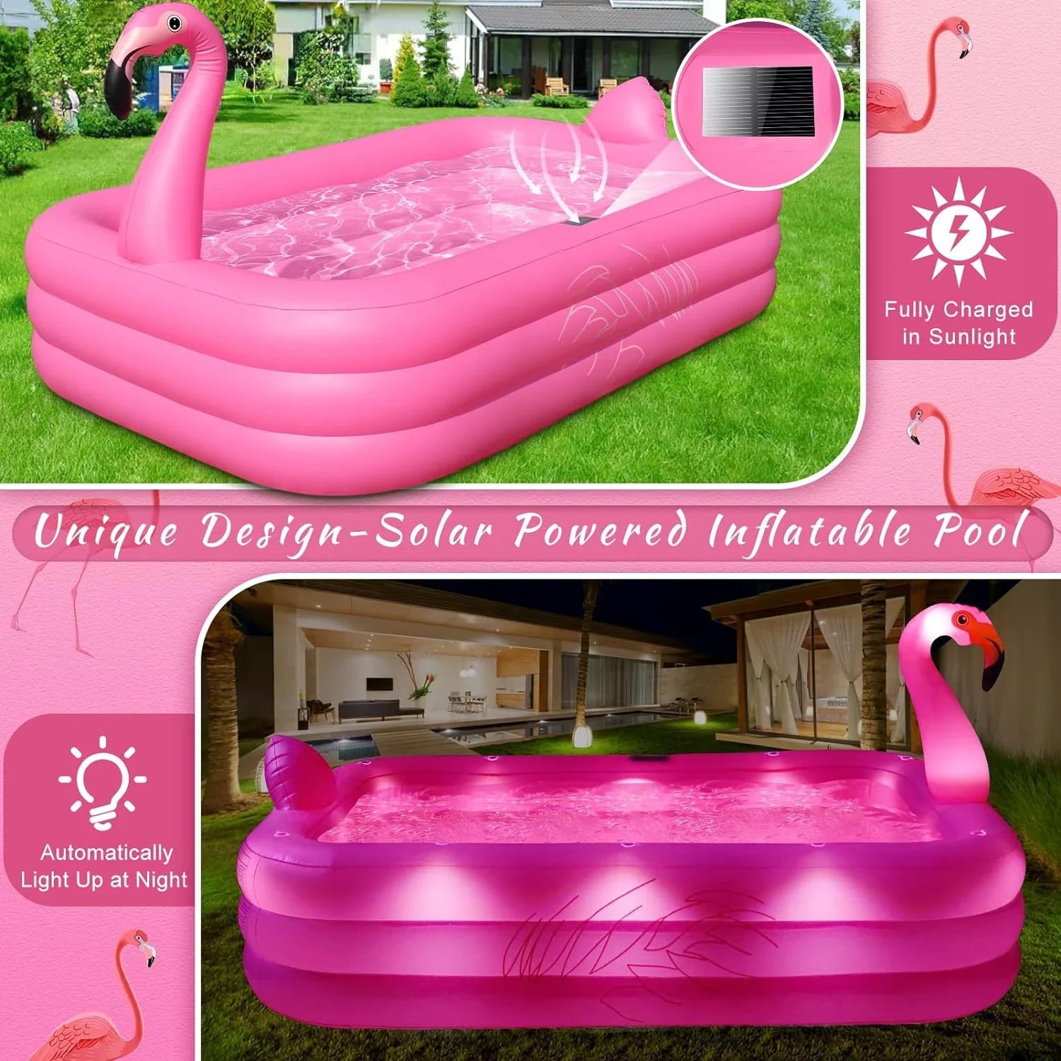 Inflatable Pool with Lights, 2024 Solar Flamingo Swimming Pool for Kids,Adults Inflatable Blow up Pool, Large Kiddie Pool, Durable Thickened 105"x65"x25" Inflatable Family Pool for Backyard,Outdoor
