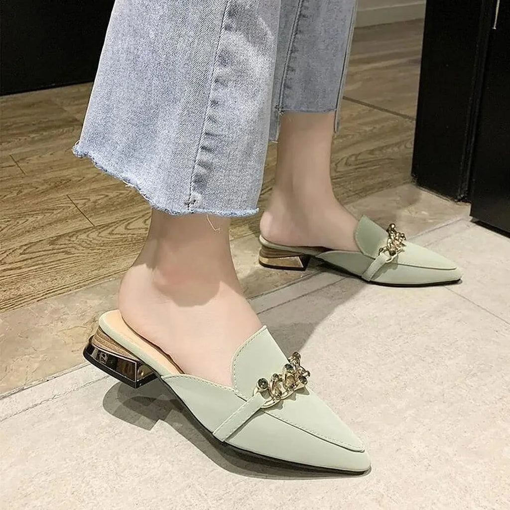 Luxury Slides Square Toe Ladies Shoes Summer Fashion Footwear Square Low Heels Shoe Slides Slippers Women 2023 Chain Mules black 37