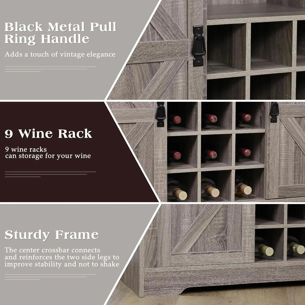 Urban Deco Coffee Bar Cabinet with Rack and Storage,Liquor Bar Buffet Sideboard with 6 Hooks for Kitchen Dining Room(Gray)