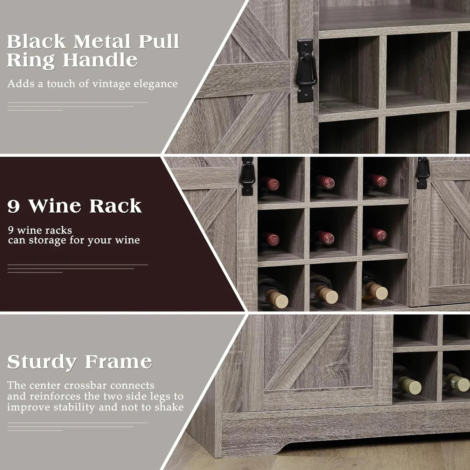Urban Deco Coffee Bar Cabinet with Rack and Storage,Liquor Bar Buffet Sideboard with 6 Hooks for Kitchen Dining Room(Gray)