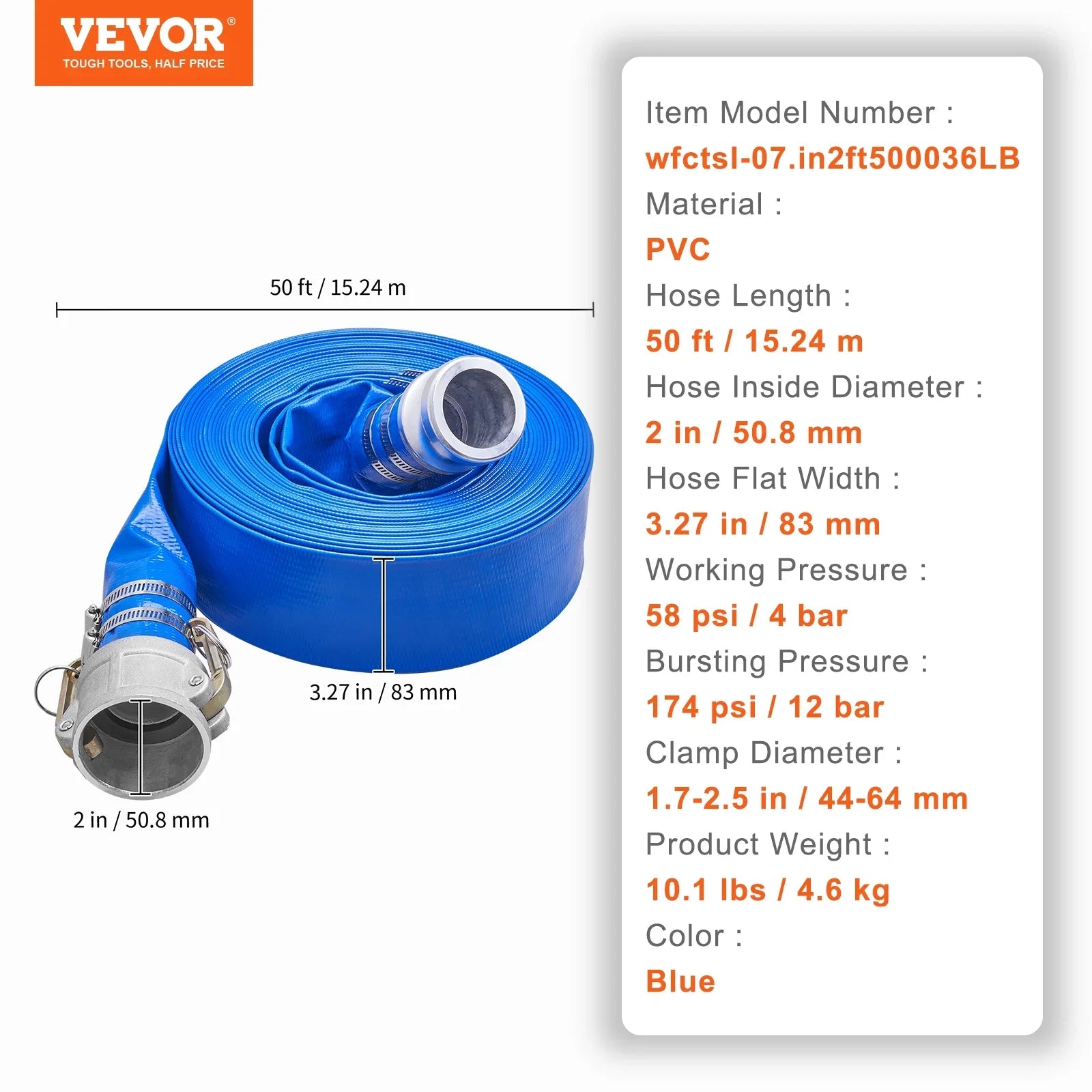 Swimming Pool Filter Backwash Hose 2'' x 50' with Aluminum joints, Great for Water Disposal,  Discharge Hose with Camlock  &  Fittings