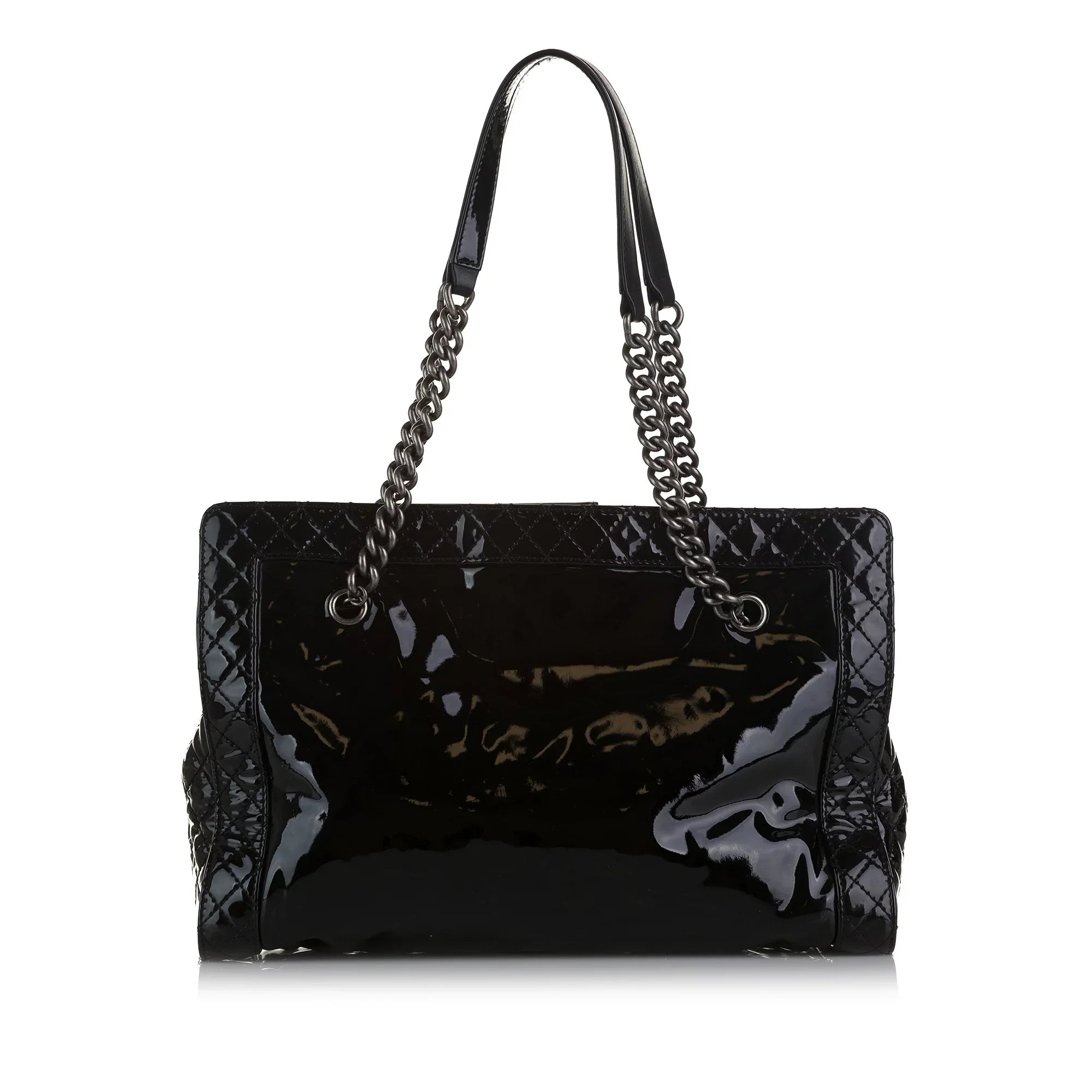 Pre-Owned Authenticated Chanel Patent Boy Reverso Shopping Tote Leather Black Tote Bag Unisex (Good)