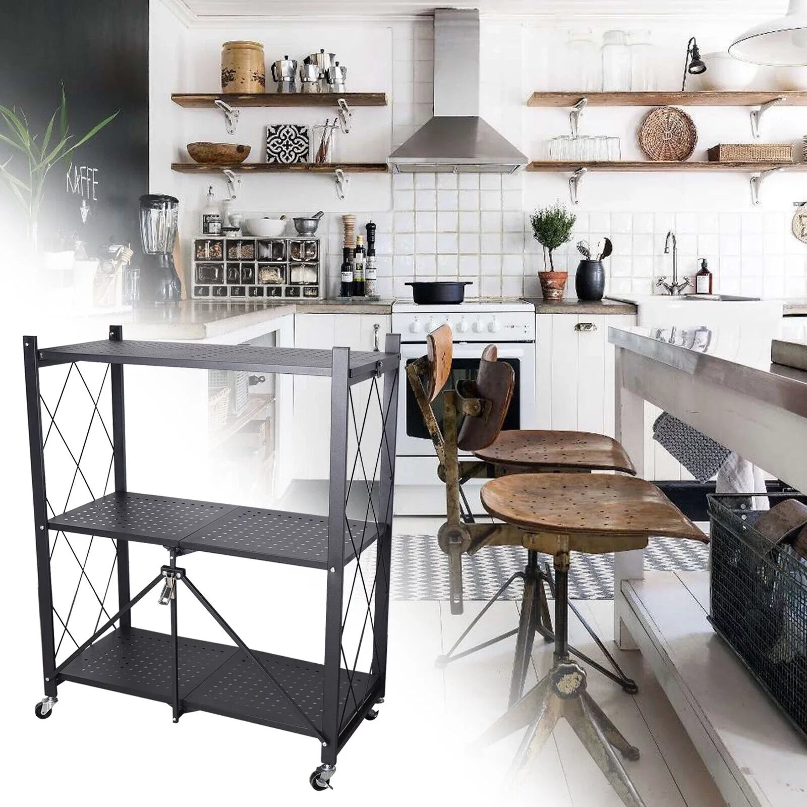 Miumaeov 3-Tier Kitchen Foldable Metal Rolling Trolley Cart Movable Utility Rack Storage Shelves Holder with Wheel (Black)