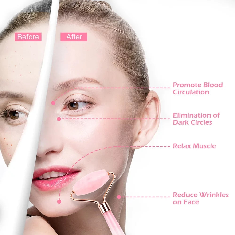 Jade Roller, Face Roller, Facial Beauty Roller Skin Care Tools, Rose Quartz Massager for Face, Eyes, Neck, Body Muscle Relaxing and Relieve Fine Lines and Wrinkles Gua Sha