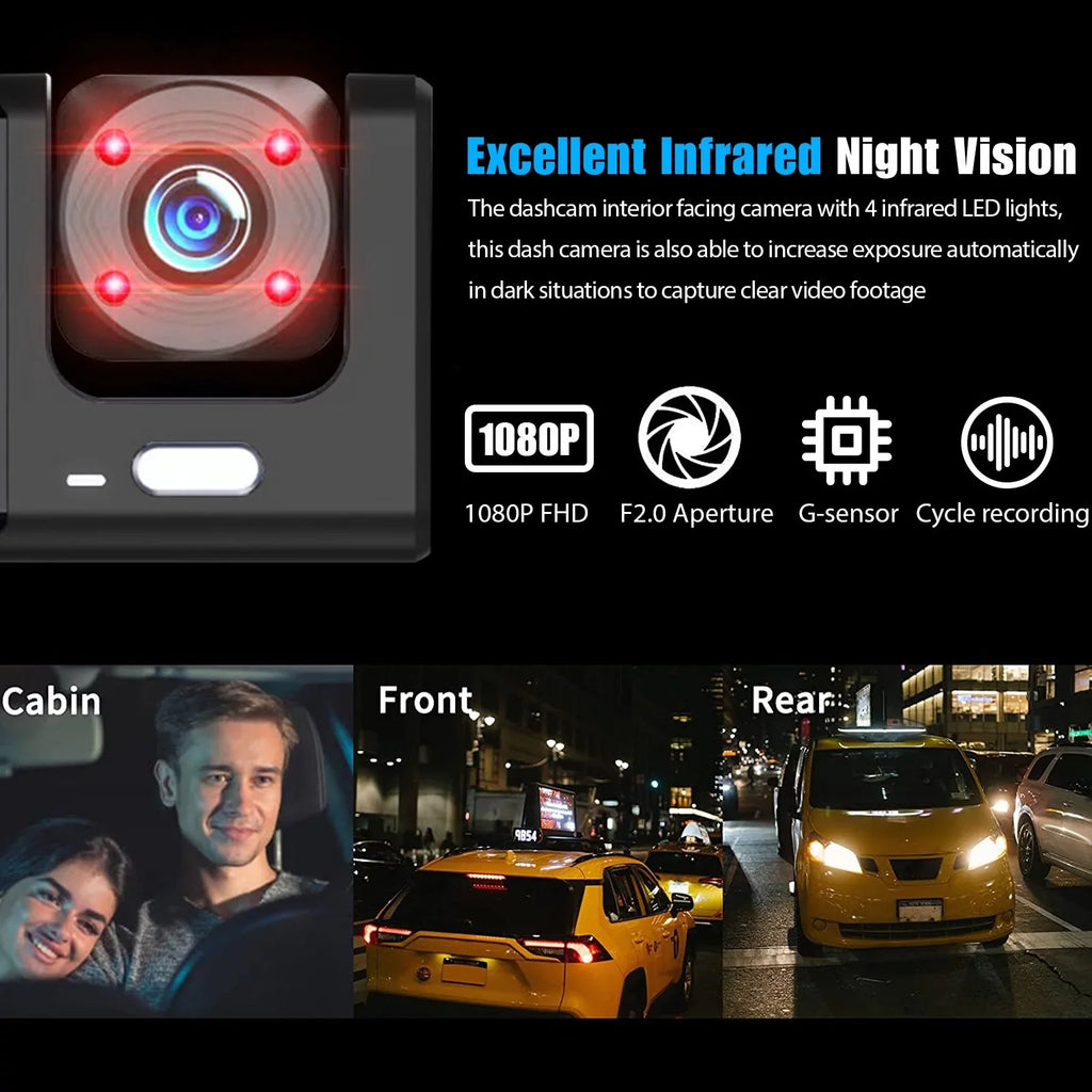 3 Channel Dash Cam Front and Rear Inside /32GB  Card, Full  1080P Dash Camera for Cars, Dashcam Three Way Triple Car Camera / Night Vision, Loop Recording, -Sensor, Parking Monitor