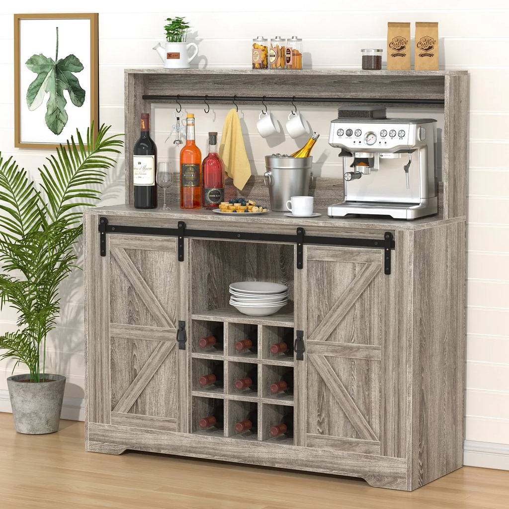 Urban Deco Coffee Bar Cabinet with Rack and Storage,Liquor Bar Buffet Sideboard with 6 Hooks for Kitchen Dining Room(Gray)