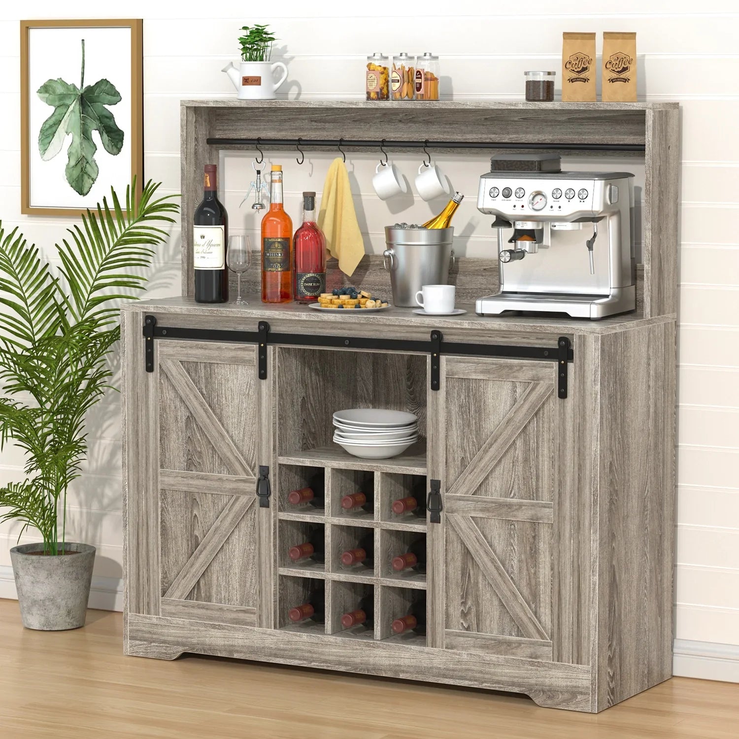 Urban Deco Coffee Bar Cabinet with Rack and Storage,Liquor Bar Buffet Sideboard with 6 Hooks for Kitchen Dining Room(Gray)