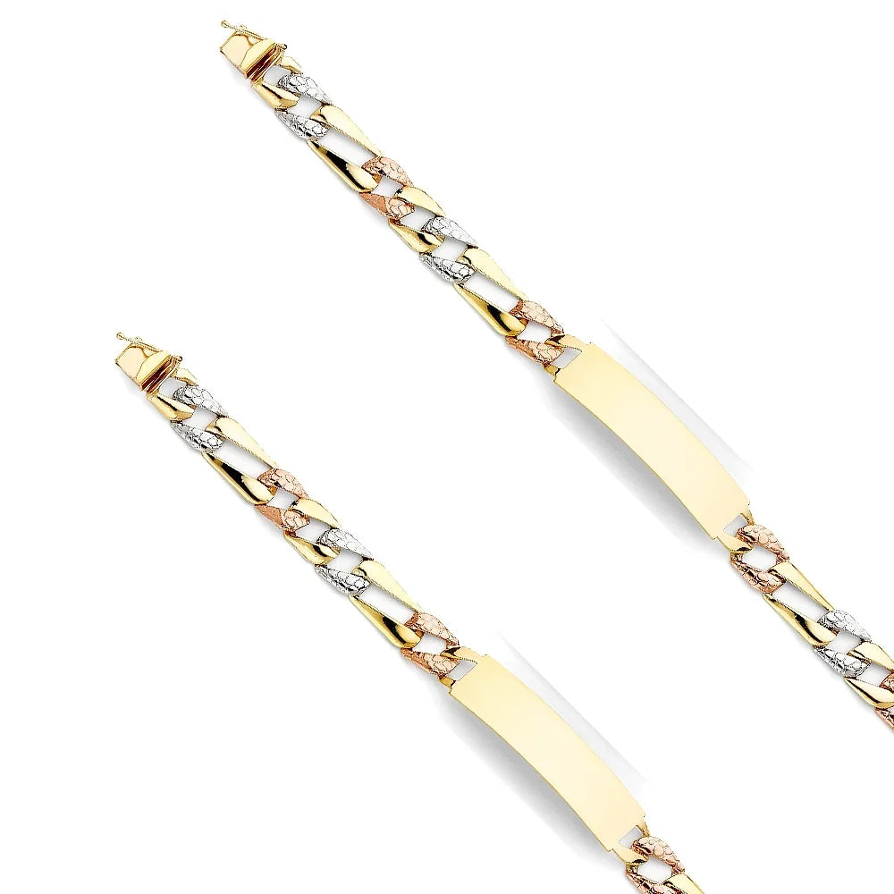 14k Tri Color Gold Stamp Figaro Link  Bracelet - 8" | Elegant 14KY Gold Chain Bracelets for Women and Men| Weight 13.5 | Men’s Jewelry for Gift