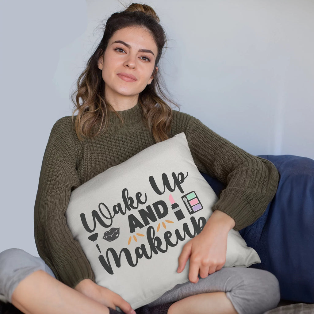 Wake up & Makeup w/ Powder Brush, Lip, Pink Lipstick & Eyeshadow Palette Design - Beauty Themed Merch for Makeup Artist or Cosmetologist, Gift for Makeup Lovers, Pillow Cover, White 20X20