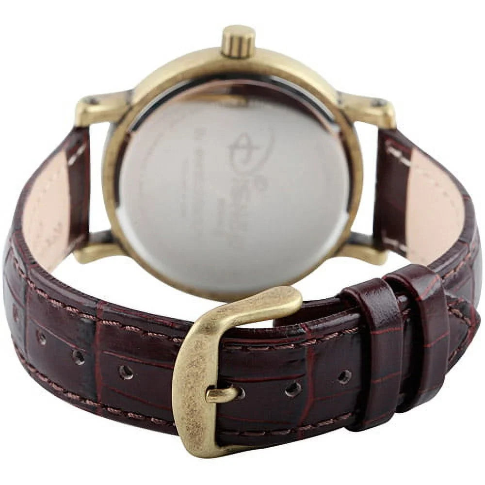 Minnie Mouse Women's Antique Gold Vintage Articulating Alloy Case Watch, Brown Leather Strap