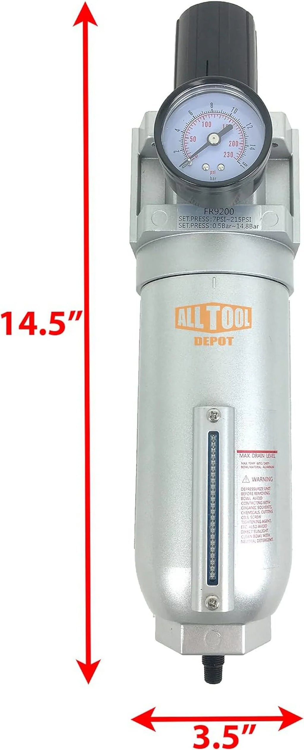 Compressed Air In Line Filter Regulator Combo Piggyback, Metal Bowl, 5 Micron , Adjustable From 7 To 175  ( )