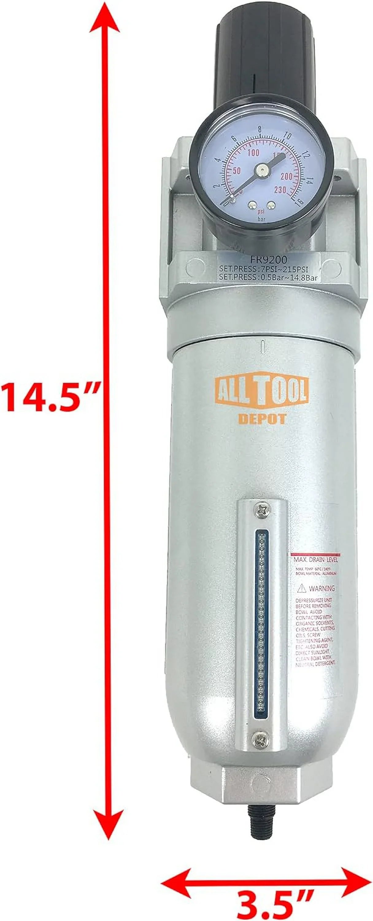 Compressed Air In Line Filter Regulator Combo Piggyback, Metal Bowl, 5 Micron , Adjustable From 7 To 175  ( )
