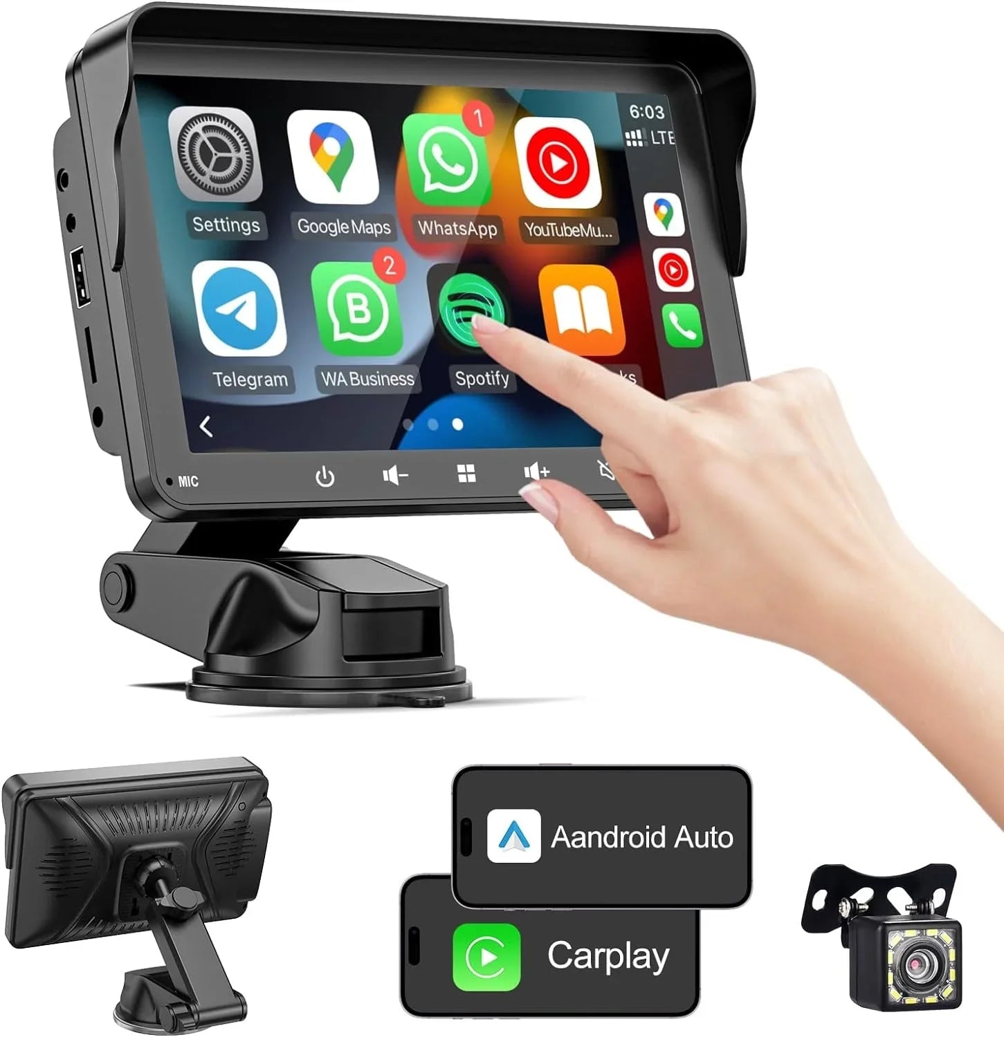 7"  Double Din Car Stereo, Portable Wireless Apple Carplay & Android Auto with Backup Camera,  Touch Screen Stereo with Bluetooth, Multimedia Player, Car Audio with Mirror Link//