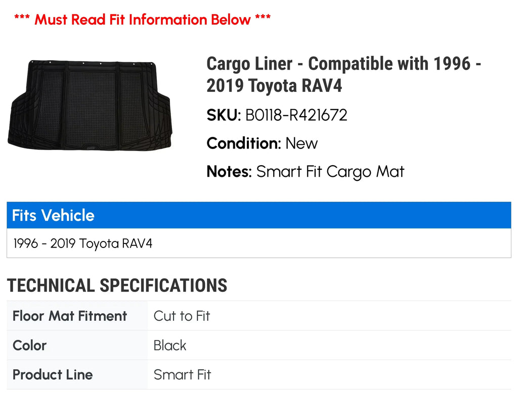 Cargo Liner - Compatible with 1996 - 2019 Toyota  1997 1998 1999 2000 2001 2002 2003 2004 2005 2006 2007 2008 2009 2010 2011 2012 2013 2014 2015 2016 2017 2018
