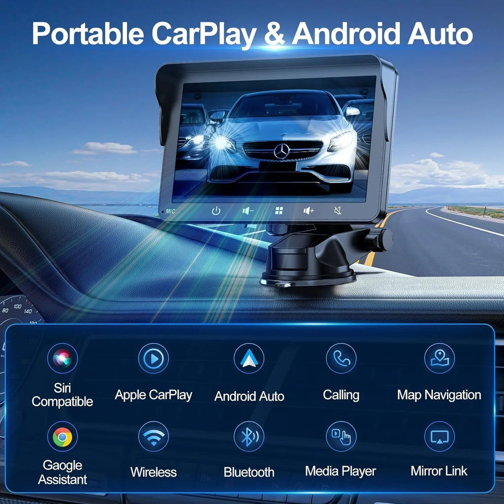 7"  Double Din Car Stereo, Portable Wireless Apple Carplay & Android Auto with Backup Camera,  Touch Screen Stereo with Bluetooth, Multimedia Player, Car Audio with Mirror Link//