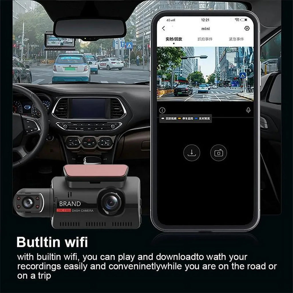 1080P  Dash Cam Front And Rear And Interior 3 Cameras With  Dual Lens Car  Night DashCam Vehicle Camera Auto