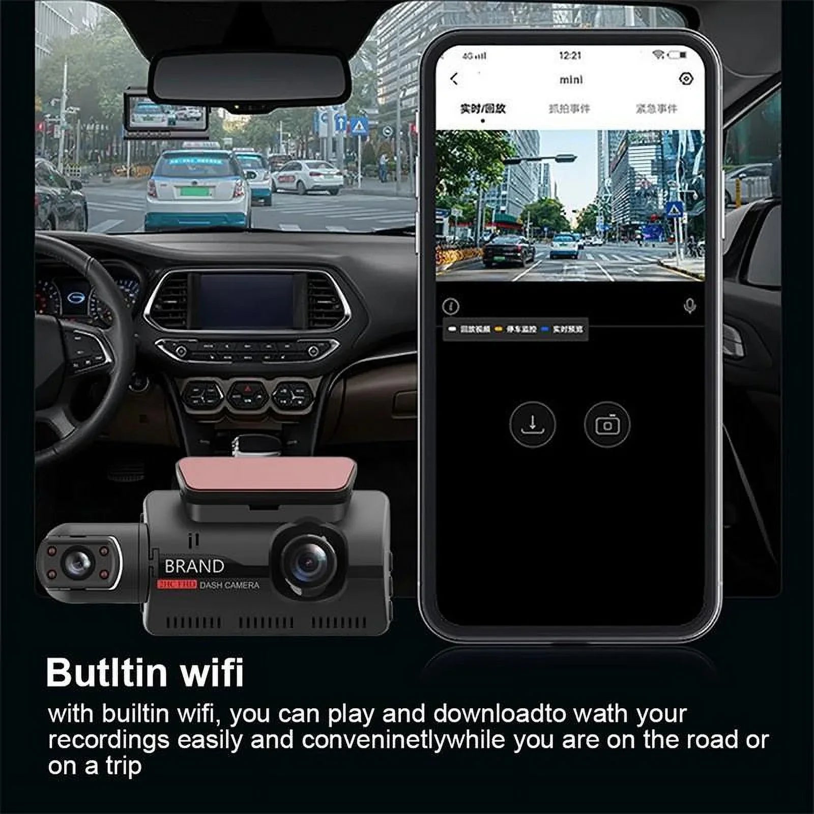 1080P  Dash Cam Front And Rear And Interior 3 Cameras With  Dual Lens Car  Night DashCam Vehicle Camera Auto