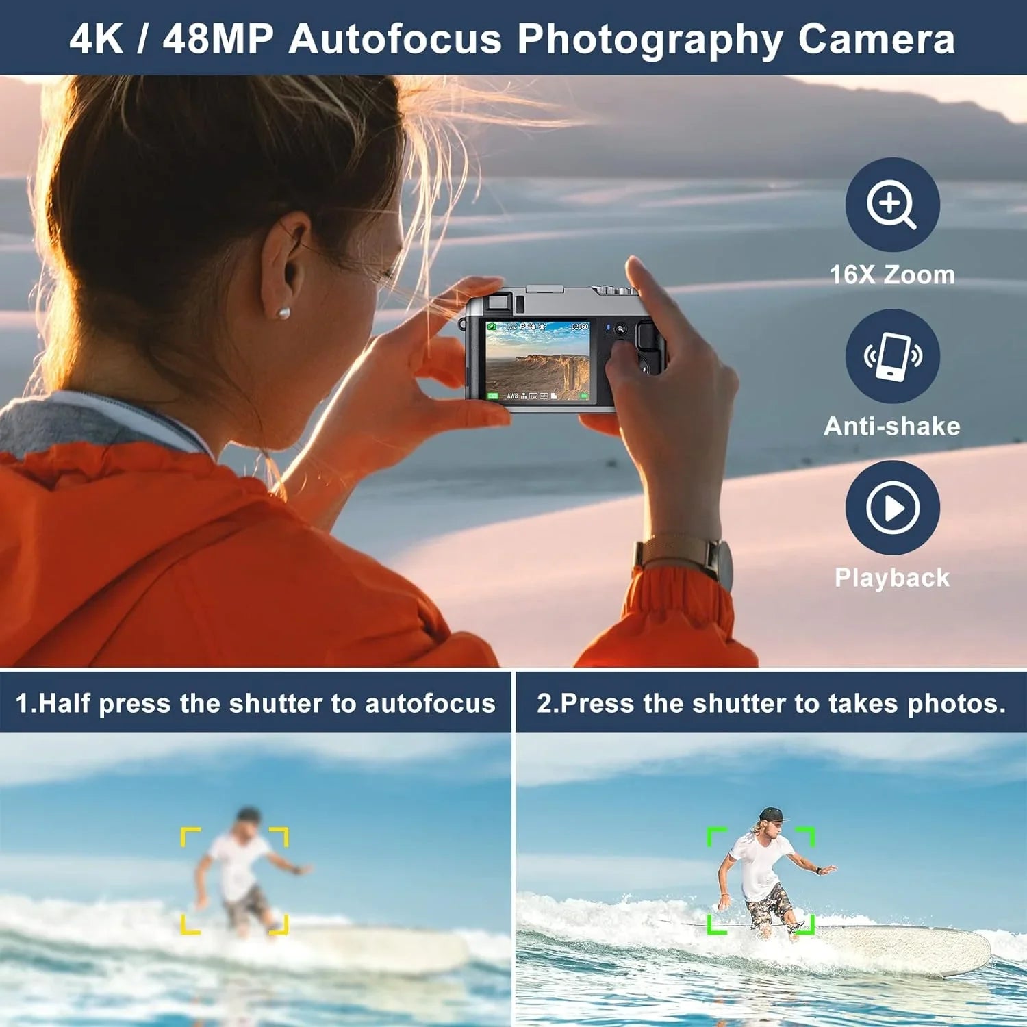 4K Digital Camera for Photography Autofocus 48MP 4K Camera for Vlogging YouTube 16X Digital Zoom Video Camera with 32GB  Card