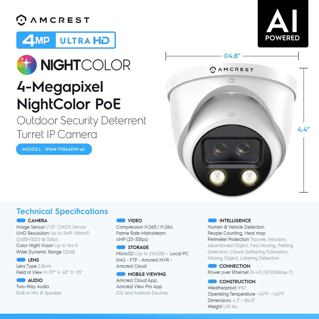 Amcrest Dual-Lens 4K (2 x 2K)  Outdoor Security Turret   Camera, 8MP (2 x 4MP) @25fps,