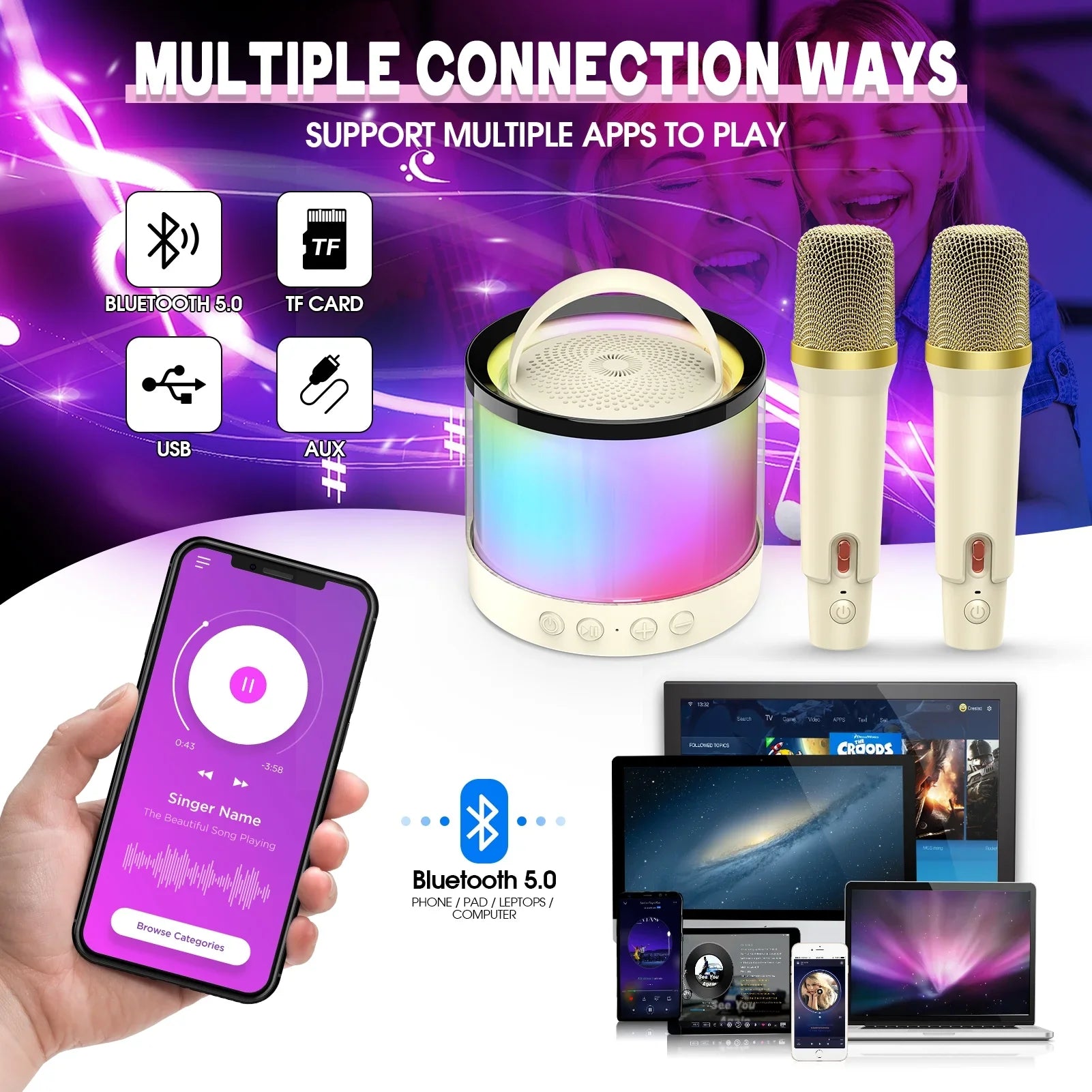 Mini Karaoke Machine Microphone for Kids Adults, Portable Bluetooth Speaker with 2 Microphones, Toys Gifts for 3 4 5 6 7 8+ Year Old Girls Boys Adults