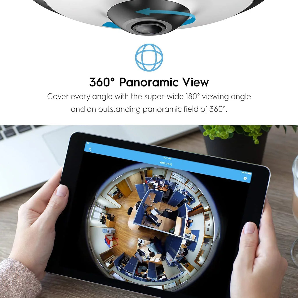 Amcrest 5-Megapixel Fisheye Camera, UltraHD Security PoE Camera Indoor, 1.4mm Lens, 33ft Nightvision, 360° Panoramic Camera Coverage, Cloud and MicroSD Recording, - (White)