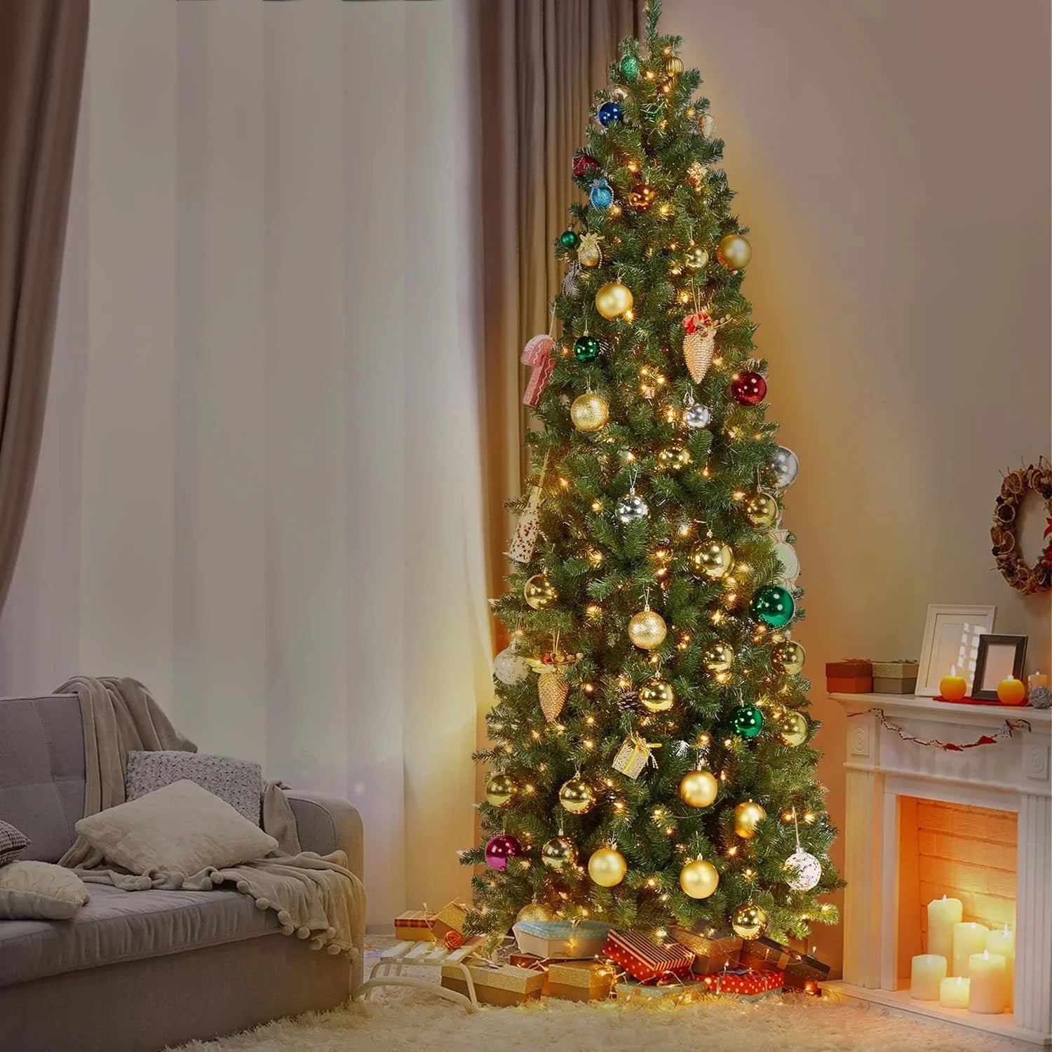 Artificial Christmas Tree Kingswood Fir Pencil Tree Includes Foldable Stand Holiday Decoration Slim Tree, 7.5Ft Green