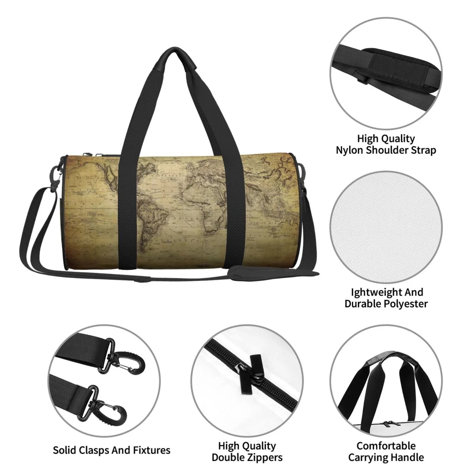 Coaee Vintage World Map Large Capacity Travel Luggage Bag Cylinder Gym Bag Waterproof Sports Bag with Pocket and Compartment