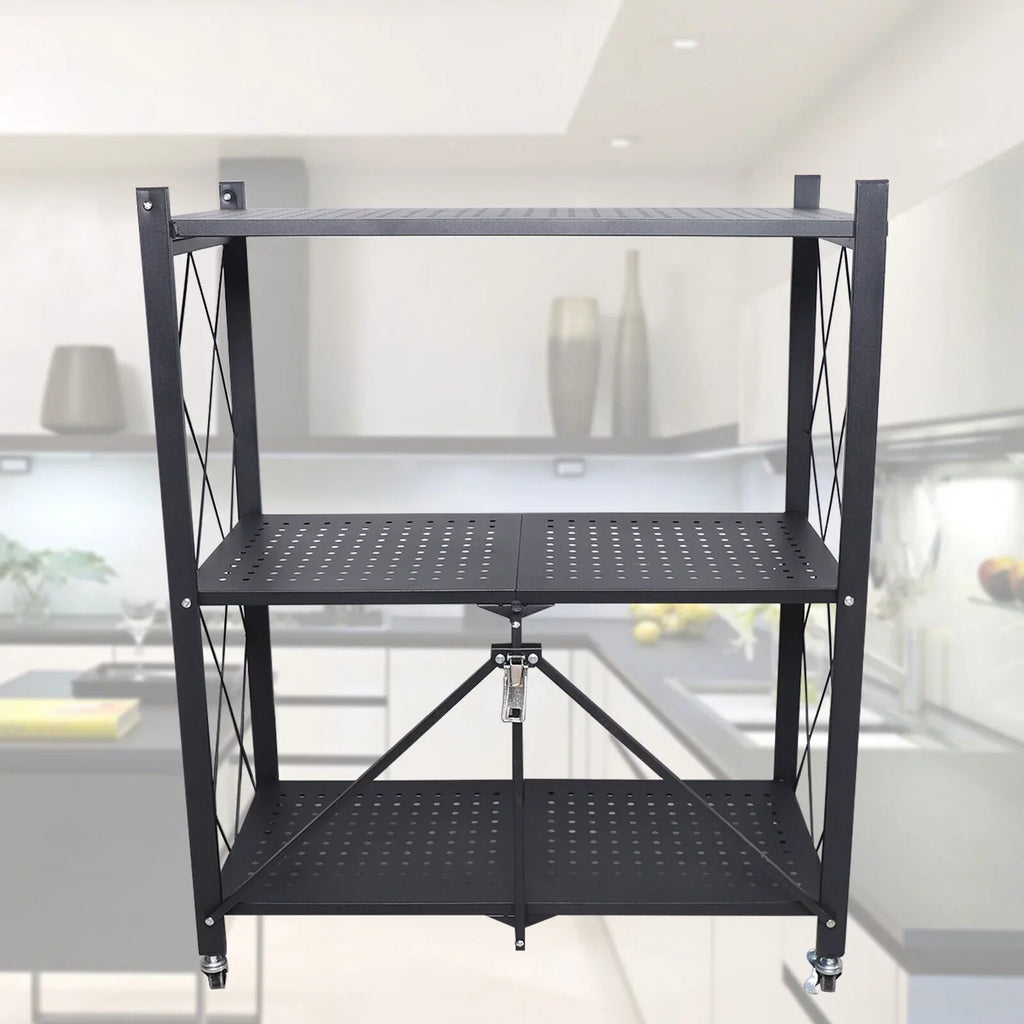 Miumaeov 3-Tier Kitchen Foldable Metal Rolling Trolley Cart Movable Utility Rack Storage Shelves Holder with Wheel (Black)