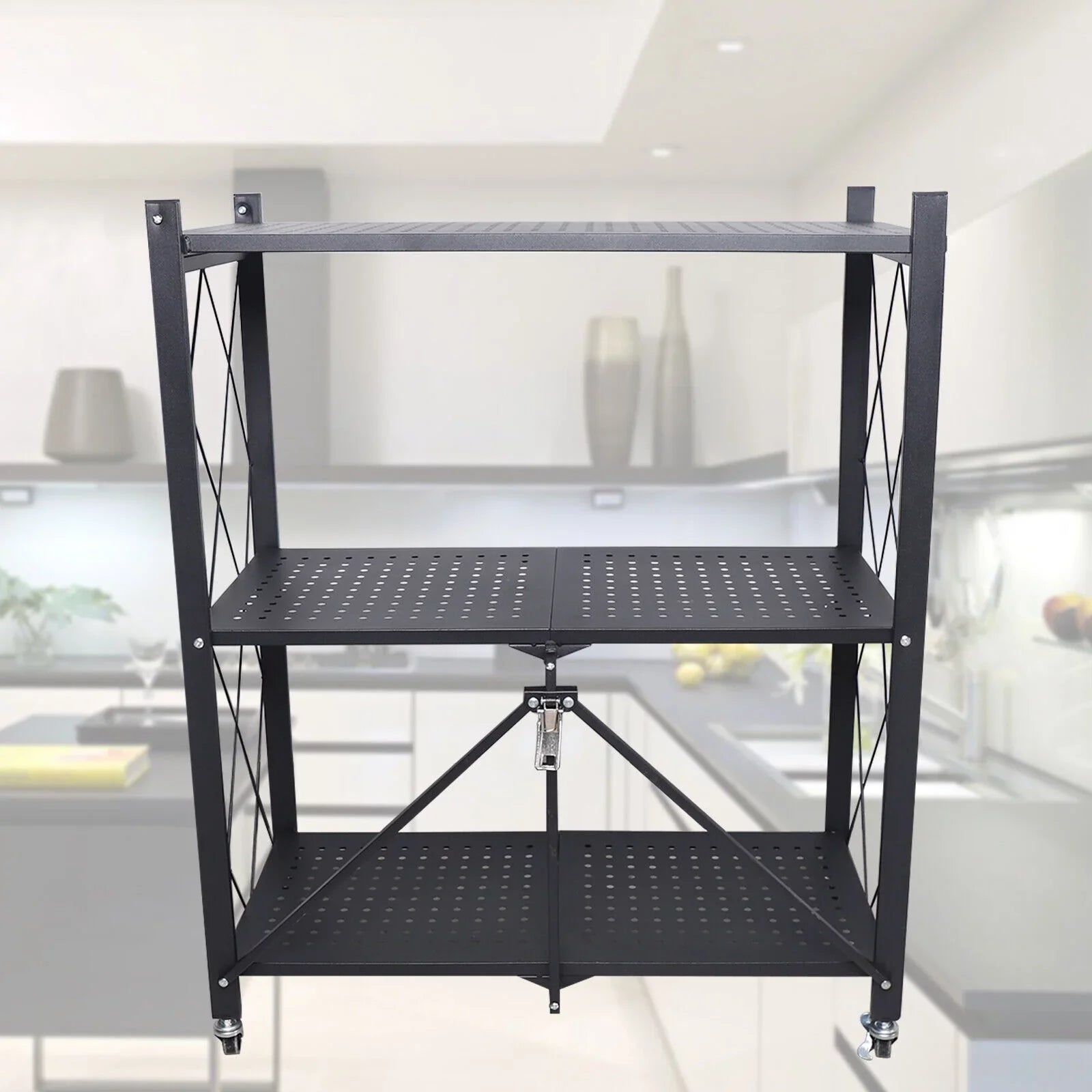 Miumaeov 3-Tier Kitchen Foldable Metal Rolling Trolley Cart Movable Utility Rack Storage Shelves Holder with Wheel (Black)