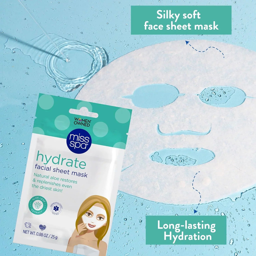 Miss Spa Hydrating Face Sheet Mask with Aloe, Skin Care for Women, 4-Pack
