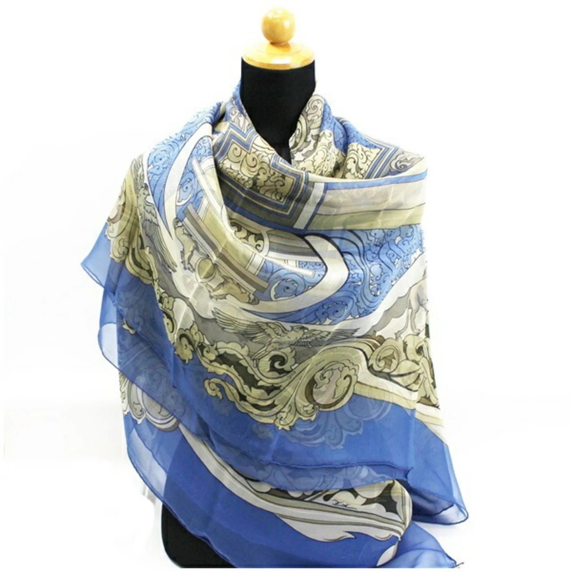 Pre-Owned Hermes Silk Scarf Muffler Carre 140 " " Animals of the Sun Blue  Ladies Chiffon (Good)