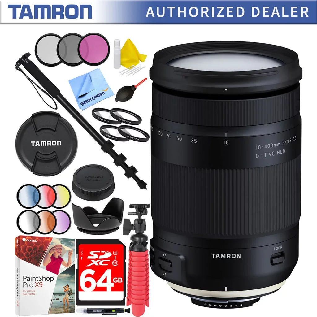 Tamron 18-400mm f/3.5-6.3 Di    All-In-One Zoom Lens for Nikon Mount with 72mm Filter Sets Plus 64GB Accessories Bundle