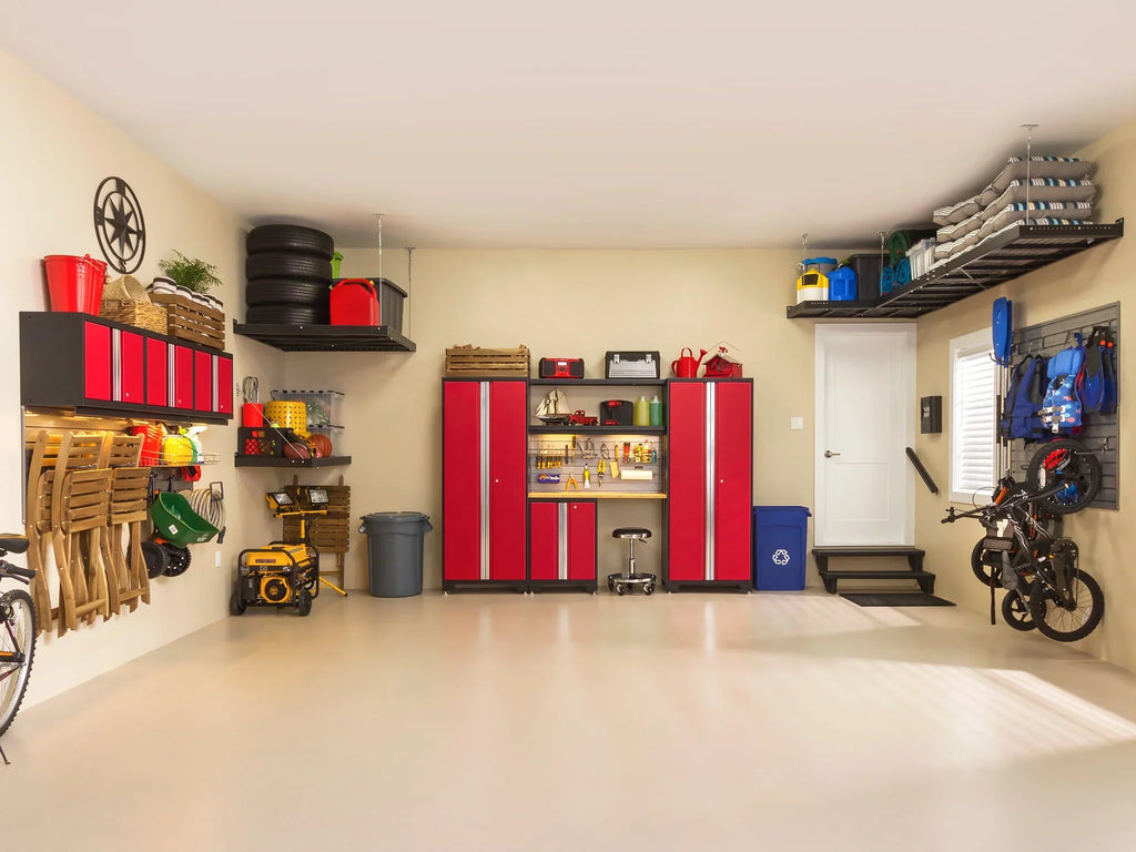 NewAge Products Bold Series Red 13 Piece Cabinet Set, Heavy Duty 24-Gauge Steel Garage Storage System, Slatwall / Wall Mounted Shelf Included