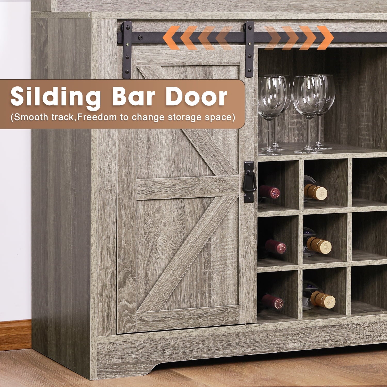 Urban Deco Coffee Bar Cabinet with Rack and Storage,Liquor Bar Buffet Sideboard with 6 Hooks for Kitchen Dining Room(Gray)