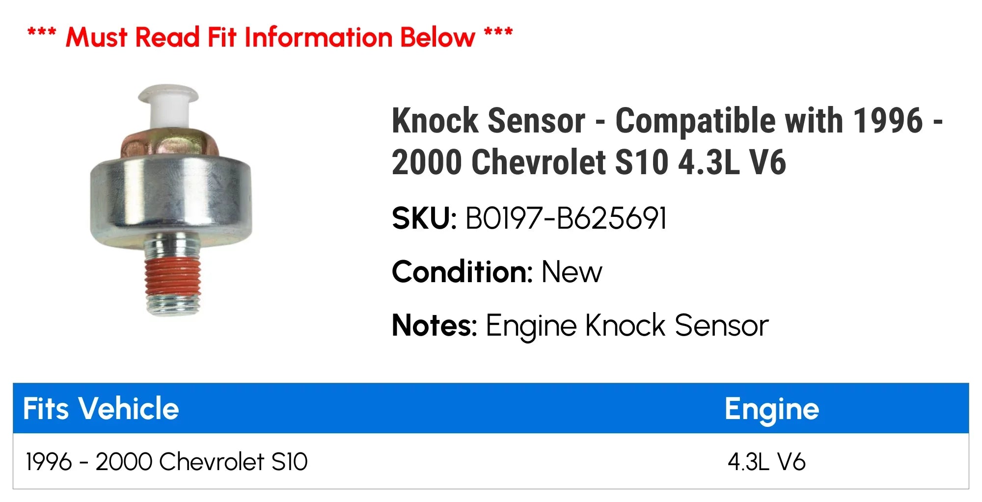 Knock Sensor - Compatible with 1996 - 2000 Chevy  4.3L  1997 1998 1999