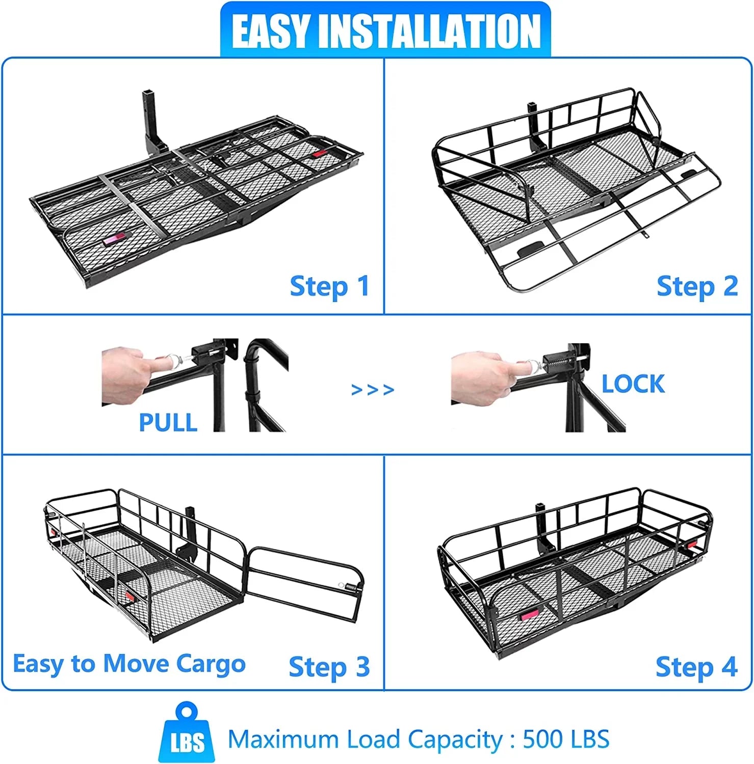 500 Lbs Heavy Duty Hitch Mount Cargo Carrier 60" x 24" x 14.4" Folding Cargo Rack Rear Luggage Basket Fits 2" Receiver for Car  Camping Traveling
